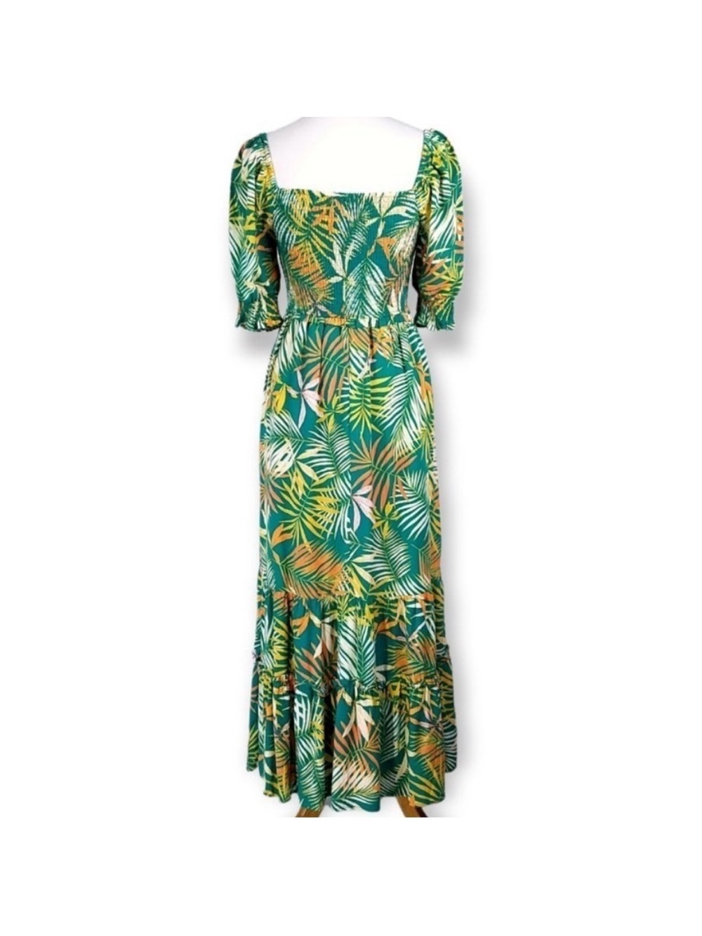 Betsey Johnson Green Tropical-Leaf Puff Sleeve Maxi Dress